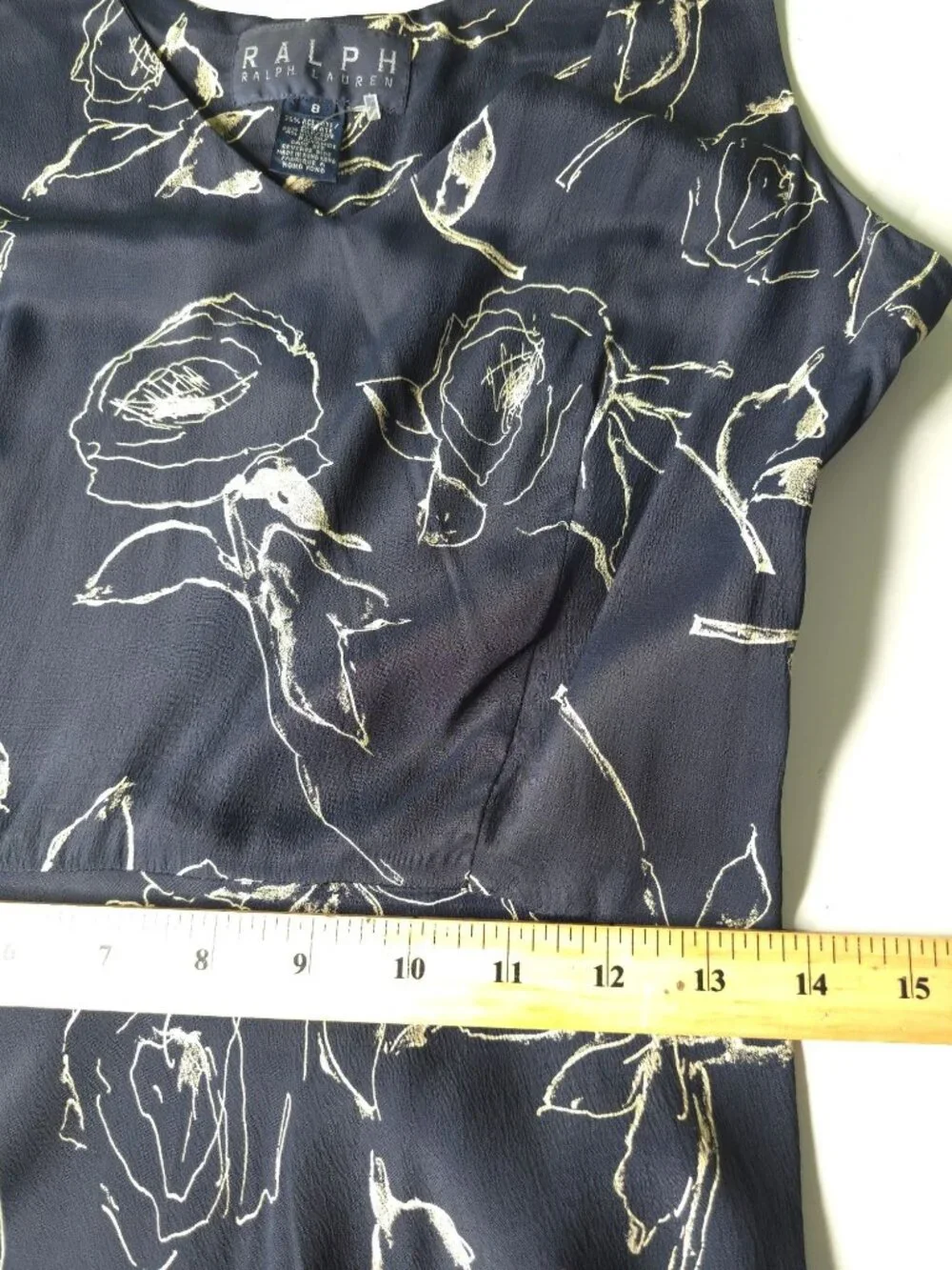 Ralph Lauren Navy Floral Sleeveless Dress Size 8 V-Neck 76% Acetate 20% Silk 4% - Picture 5 of 15